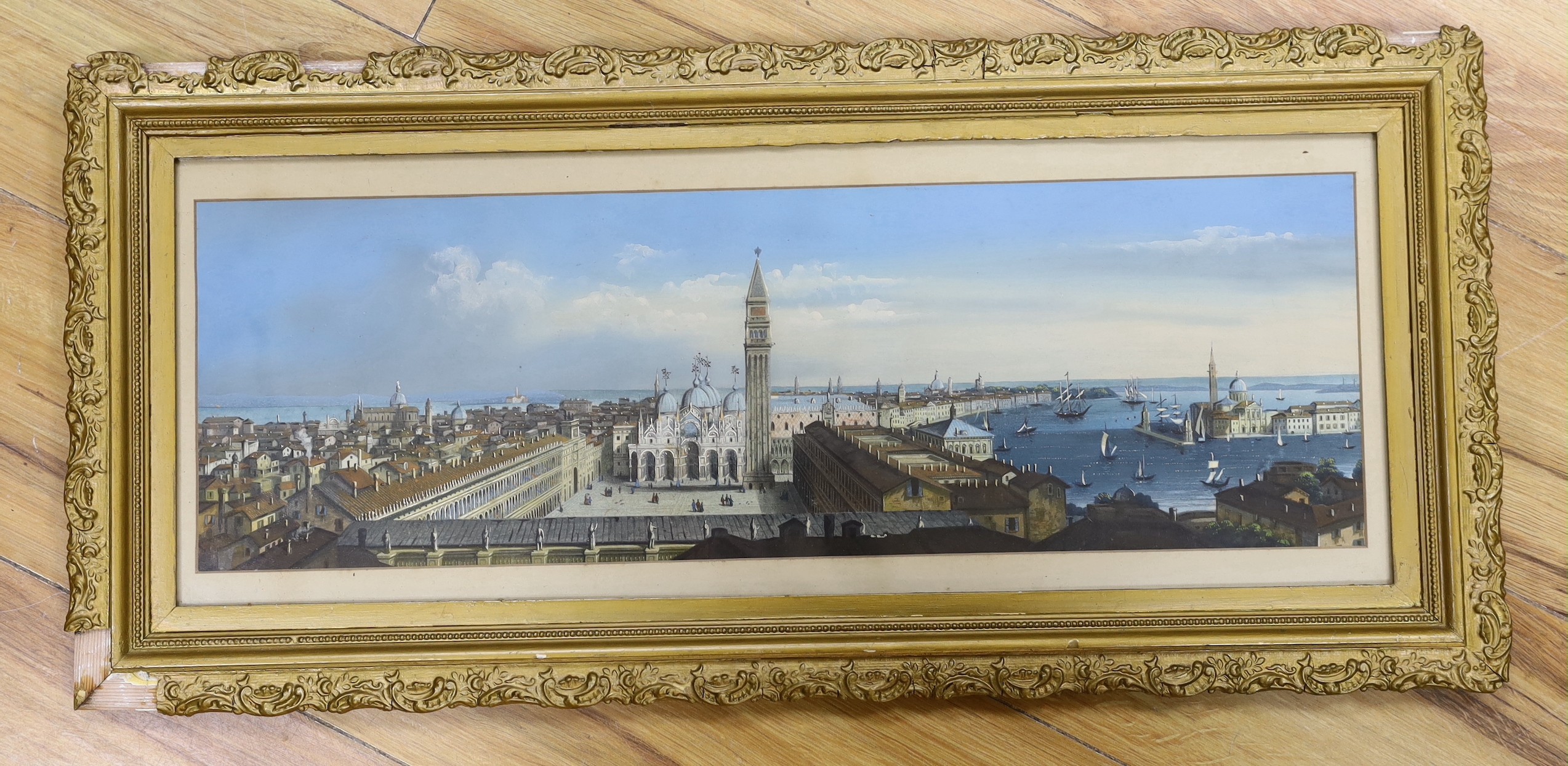 Italian School, gouache on paper, Panoramic view of Venice, 18 x 56cm